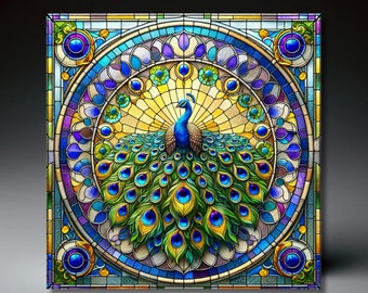 Ceramic Art Tile - Peacock Stained Glass Design | Mother's Day Gift and Home Deco | Art Nouveau | Art Deco | Eastern Art | 2 Size Options