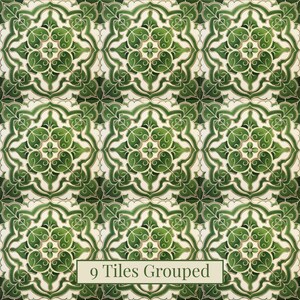 May include: Nine green and white decorative tiles arranged in a grid pattern. Each tile features a symmetrical floral design with intricate details. The tiles are a mix of light and dark green, with white accents. The text "9 Tiles Grouped" is at the bottom.