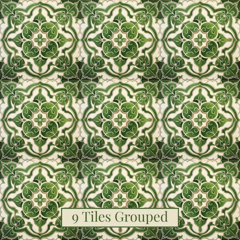 May include: Nine green and white decorative tiles arranged in a grid pattern. Each tile features a symmetrical floral design with intricate details. The tiles are a mix of light and dark green, with white accents. The text "9 Tiles Grouped" is at the bottom.