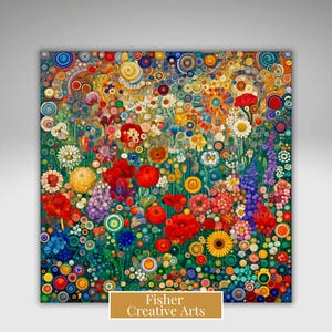 May include: A vibrant floral painting with a mosaic-like design. The artwork features a variety of colorful flowers in shades of red, yellow, blue, and white, with a green background. The text "Fisher Creative Arts" is at the bottom.