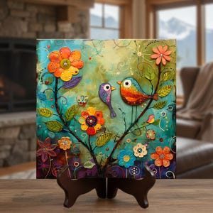 Songbird Ceramic Art Tile | Spring and Summer Decor | Bird Lover Gift | Trivet Option | Folk Art | Gift for Her | Shelf and Wall Art |Nature