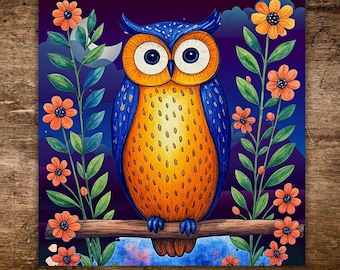 American Folk Art Owl Ceramic Tile: Whimsical Bird Lover Gift