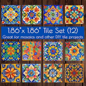 Mexican Talavera Inspired Set of 12 Tiles for Crafts, Magnets, and DIY Projects | Spanish Tiles | Mosaic Craft Supplies | Magnet Making image 2