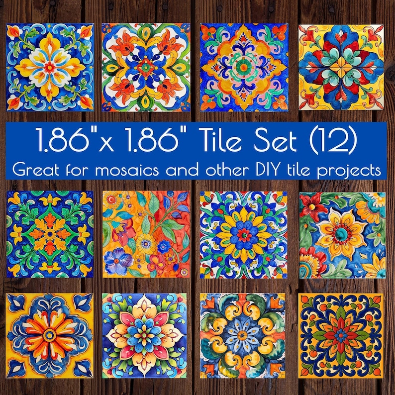 Mexican Talavera Inspired Set of 12 Tiles for Crafts, Magnets, and DIY Projects | Spanish Tiles | Mosaic Craft Supplies | Magnet Making image 2