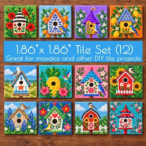 May include: A set of 12 square ceramic tiles, each measuring 1.86 inches by 1.86 inches, featuring colorful illustrations of various birdhouses surrounded by flowers, fruits, and birds. The text 1.86 inch x 1.86 inch Tile Set (12) is visible.