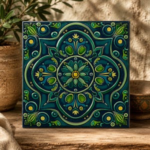 May include: A square ceramic tile featuring a symmetrical, embossed floral pattern in shades of deep navy blue, forest green, and bright lime yellow. The design centers on a stylized flower surrounded by intricate, swirling leaf and vine motifs.