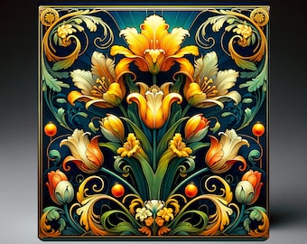 Floral Art Nouveau Ceramic Art Tile | Home and Kitchen Decor | Vintage Inspired Art | Unique Home Decor | Wall Art | 2 size options