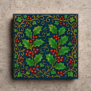 May include: Square artwork featuring a holly design. The background is a deep blue, with green holly leaves and bright red berries. Gold-colored, swirling vines frame the design, creating a festive, seasonal feel. The artwork is likely a decorative piece.