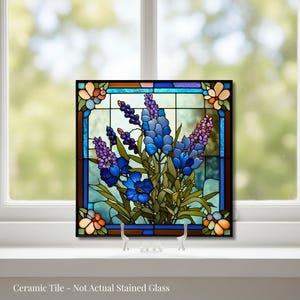 Texas Bluebonnets Tile | Texas State Flower Gift | Bluebonnet Art Tile | Housewarming Gift | Stained Glass Style Floral | Gift for Texan image 2