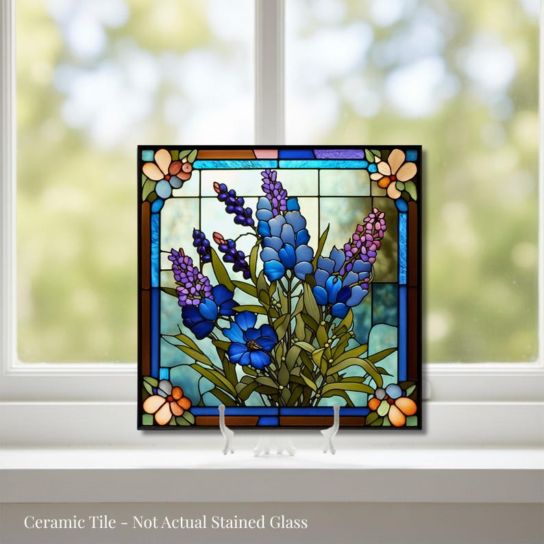 Texas Bluebonnets Tile | Texas State Flower Gift | Bluebonnet Art Tile | Housewarming Gift | Stained Glass Style Floral | Gift for Texan image 2