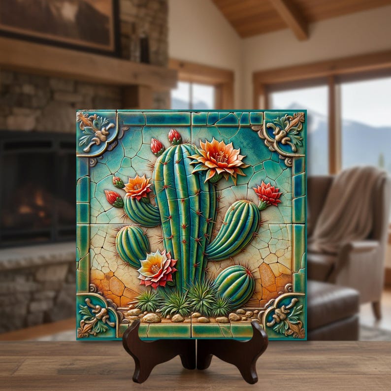 Desert Southwest Cactus Art Tile | Southwestern Cactus Decor | Trivet Option | Desert Wall Art | Housewarming Gift | Cactus Lover Gift image 2