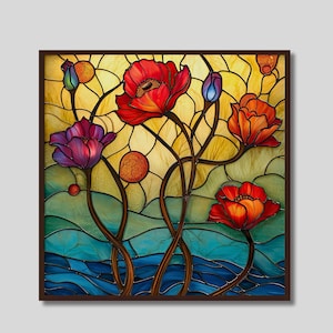 Poppies Floral Stained Glass Effect Ceramic Tile | Trivet Option | Decorative Tile | Handmade Wall Decor | Backsplash or Accent Tile | Poppy