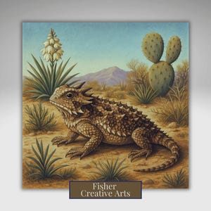 May include: Square print featuring a detailed illustration of a horned lizard in a desert landscape. The artwork showcases the lizard's spiky exterior, set against a backdrop of cacti, desert plants, and a mountain range. The text "Fisher Creative Arts" is at the bottom.