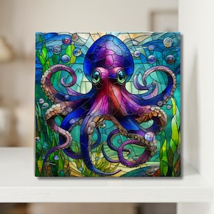 Octopus Art Tile | Faux Stained Glass Octopus Decor | Colorful Ocean Wall Art | Beach House Decor | Gift for Ocean Lover | Trivet Option