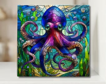 Octopus Art Tile | Faux Stained Glass Octopus Decor | Colorful Ocean Wall Art | Beach House Decor | Gift for Ocean Lover | Trivet Option
