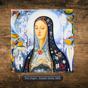 May include: A square art print of "The Virgin" by Joseph Stella, 1926. The artwork features a woman with closed eyes, wearing a dark blue veil adorned with flowers. The background is a light blue with white flowers and birds.