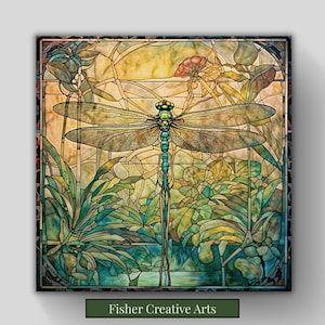 Art Nouveau Dragonfly Ceramic Tile | Decorative Tile | Dragonfly Wall Art | Unique Home Decor | Stained Glass Effect | Vintage Art | Trivet