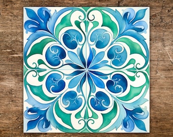 Blue and Green Majolica Ceramic Tile - Italian Floral Pattern Decorative Backsplash Kitchen Bathroom - Mediterranean Style Wall Tile Accent