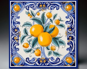 Italian Mediterranean Deruta Style Ceramic Tile (2) | Umbria Style Tile | Wall Decor | Ceramic Tile Art | Umbria Style | Lemon Kitchen Decor