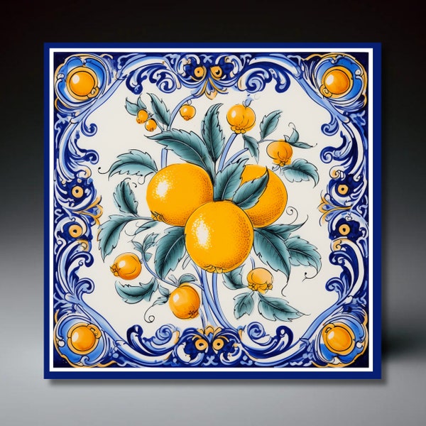 Italian Mediterranean Deruta Style Ceramic Tile (2) | Umbria Style Tile | Wall Decor | Ceramic Tile Art | Umbria Style | Lemon Kitchen Decor