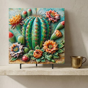 Desert Southwest Blooming Cactus Ceramic Art Tile (2) | Southwestern Decor | Birthday Gift | Wall Art Decor | Backsplash Tile | Accent Tile