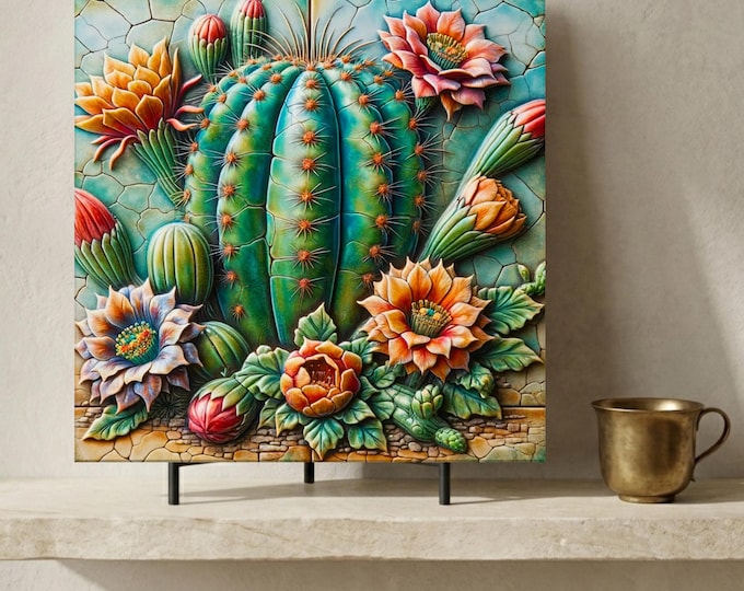 Desert Southwest Blooming Cactus Ceramic Art Tile (2) | Southwestern Decor | Birthday Gift | Wall Art Decor | Backsplash Tile | Accent Tile