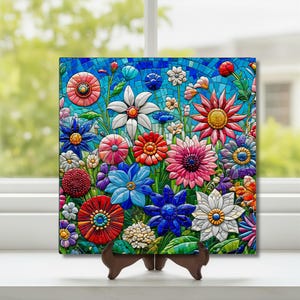 Wildflower Garden Art Tile, Cottagecore Floral Decor, Colorful Mosaic Style Ceramic Art, Spring Gift for Her | Trivet Option | Farmhouse Art
