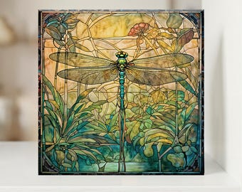 Art Nouveau Dragonfly Ceramic Tile | Decorative Tile | Dragonfly Wall Art | Unique Home Decor | Stained Glass Effect | Vintage Art | Trivet