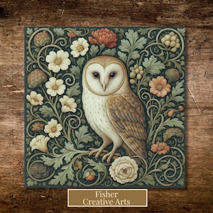 May include: Square artwork featuring a detailed illustration of a barn owl with a cream-colored body and brown wings, set against a dark green background with floral and foliage patterns. The artwork includes the text "Fisher Creative Arts" at the bottom.