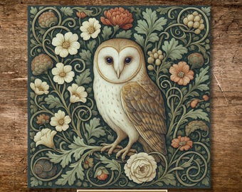 William Morris Inspired Woodland Barn Owl Ceramic Tile | Art Nouveau | Vintage Style Wall Art | Traditional Decor  | Classic Home Accent