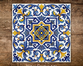 Mediterranean Blue & Yellow Ceramic Backsplash Tile – Spanish Azulejo Style, Italian Majolica, Kitchen and Bath Wall, Fireplace Tile |Trivet