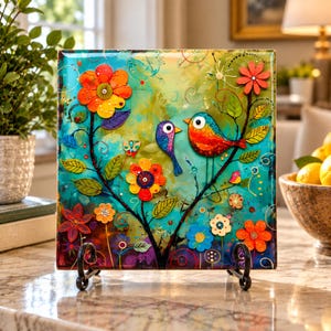 May include: A square decorative tile featuring a vibrant, multi-colored painting of two birds perched on a branch surrounded by various stylized flowers. The artwork uses a bright palette of turquoise, orange, red, and blue, displayed on a black metal stand.