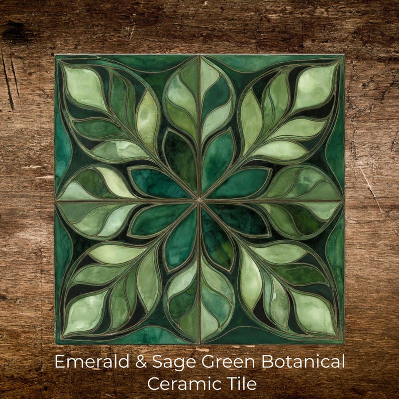 Emerald and Sage Green Botanical Ceramic Tile, Kitchen and Stove Wall
