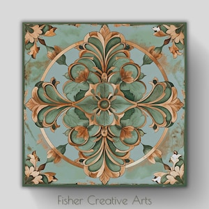 Art Nouveau Sage Green and Brown Floral Tile | Backsplash Kitchen or Bathroom Tile | Vintage Look Ceramic Tile | Wall Art | Trivet Option