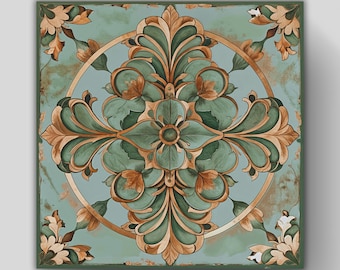 Art Nouveau Sage Green and Brown Floral Tile | Backsplash Kitchen or Bathroom Tile | Vintage Look Ceramic Tile | Wall Art | Trivet Option