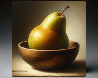 Still Life Ceramic Art Tile | Rustic Pear in Wooden Bowl | Home and Kitchen Decor | Unique Home Art | 2 sizes available, Optional Stand