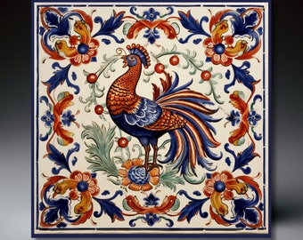 Italian Mediterranean Deruta Style Ceramic Tile | Umbria Rooster Tile | Wall Decor | Ceramic Tile Art | Rooster Art | Traditional Kitchen