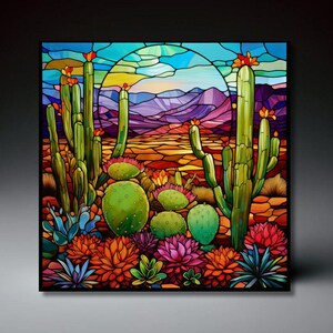 Stained Glass Effect Desert Southwest Ceramic Art Tile | Landscape Art | Rustic Home Decor | Trivet Option | Wall Art Decor | Cactus Cacti
