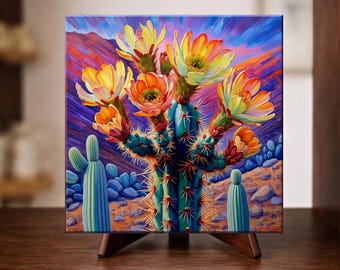 Desert Southwest Blooming Saguaro Cactus Ceramic Art Tile | Southwestern Decor | Wall Art Decor | Backsplash Accent | Trivet Option