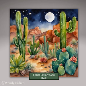 Southwestern Night Desert Ceramic Tile | Desert Southwest Decor | Wall Art| Cactus Painting | Gift for Friend | Trivet Option | Backsplash