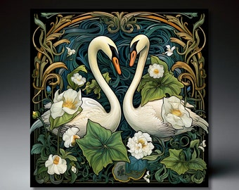 Art Nouveau Botanical and Swans Ceramic Art Tile | Art Nouveau | Classic Art | Gift for Swan and Bird Lover | Mothers Day Gift | Ceramic Art