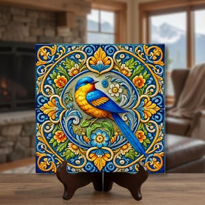 Talavera Bird Art Tile | Colorful Mexican Style Ceramic Tile | Bird Lover Gift | Blue Yellow Floral Decor | Trivet Option | Spring Decor