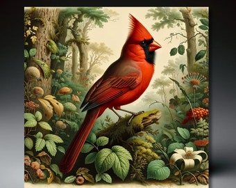 Red Cardinal Ceramic Tile Artwork | Gift for Nature and Bird Lover | Vintage Audubon-Style Inspired Art | Wildlife Art | Gift for Mom