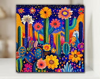 Southwestern Night Desert Ceramic Tile | Desert Southwest Decor | Wall Art| Cactus Painting | Southwestern Art | American Folk Art | Gift