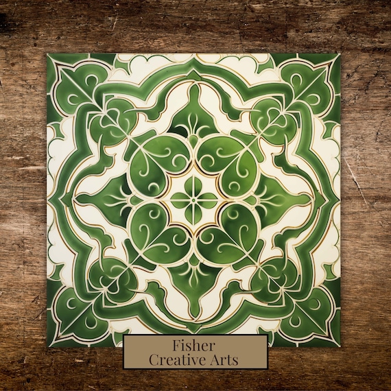 Spanish or Portuguese (Iberian) Azulejo Green and Cream Ceramic Tile | Decorative Backsplash, Stair Riser, Kitchen or Bath Accent Tile