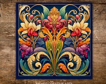 Art Nouveau Floral Tile - Decorative Ceramic Trivet - Navy Blue & Gold Orchid Art - Vintage Style Kitchen Decor - Unique Christmas Gift