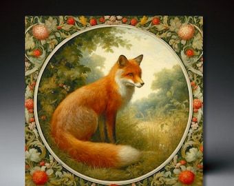 William Morris Inspired Woodland Fox Ceramic Tile | Art Nouveau | Wall Decor | Vintage Art | Gift for Mom | Classic Traditional Art |2 sizes