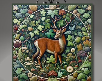 William Morris Inspired Woodland Deer Ceramic Tile | Art Nouveau | Wall Decor | Vintage Art  | Classic Deer Buck Art | Traditional Decor