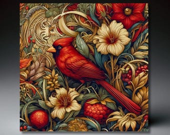 William Morris Inspired Red Cardinal Ceramic Tile | Art Nouveau | Wall Decor | Vintage Art | Classic Traditional Decor | Gift for Bird Lover