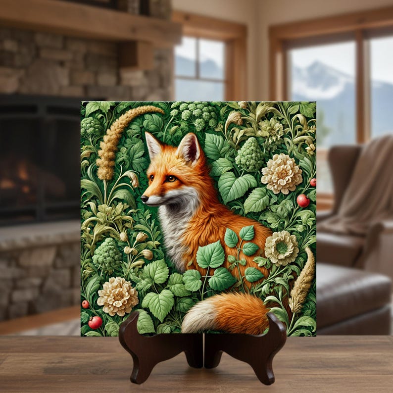 William Morris Inspired Woodland Fox Ceramic Tile | Art Nouveau | Wall Decor | Vintage Art | Traditional Decor | Trivet Option | Gift image 3